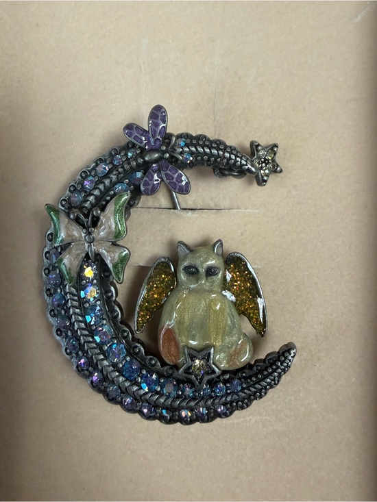 Kirks Folly Jewelry - Kirks Folly Multicolor cat on Crescent Moon Brooch  silver tone blue mystical